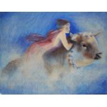 Adrian George,  British 1944-2021 -  Girl with bull, 1985;  oil pastel on paper, signed and dat...