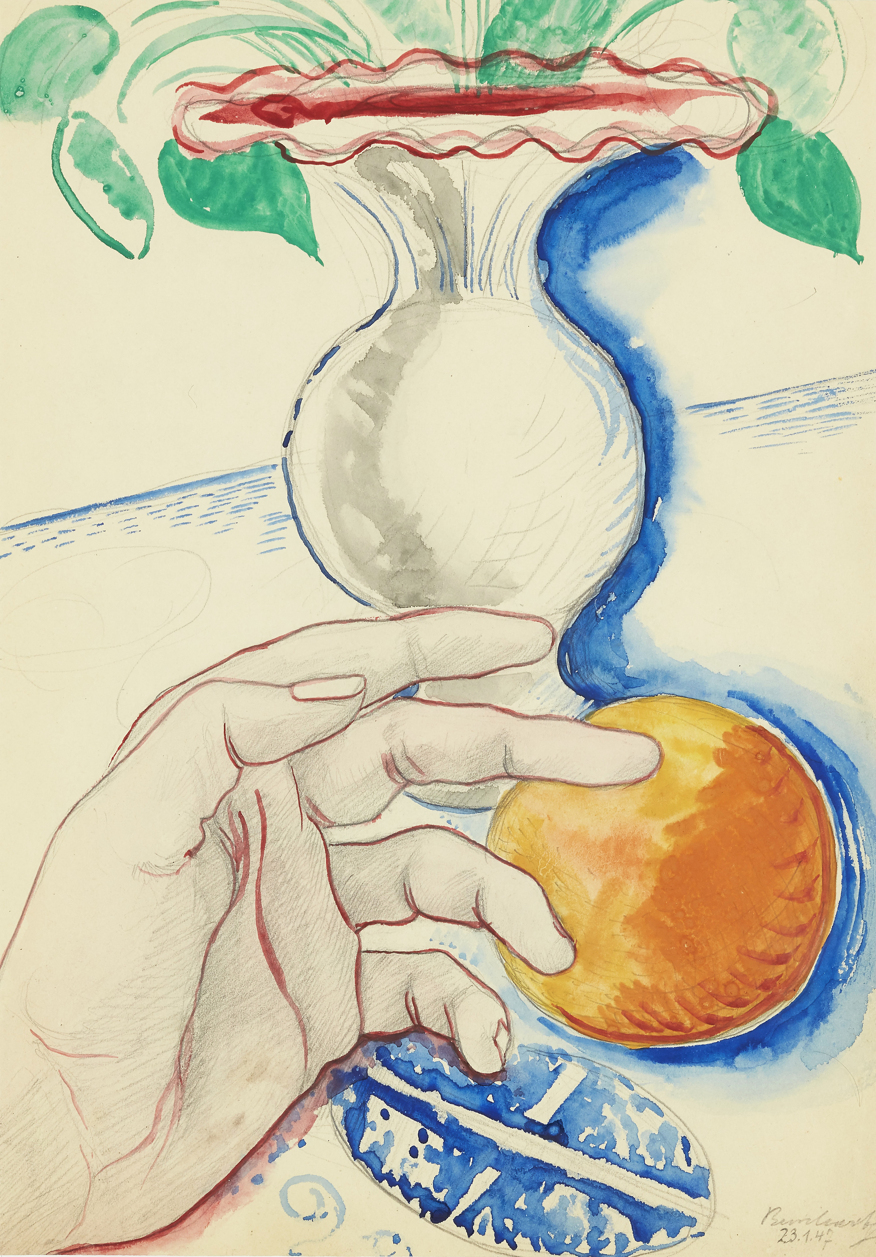 Max Burchartz,  German 1887-1961 -  Hand with orange and vase, 1947;  watercolour on paper, sig...