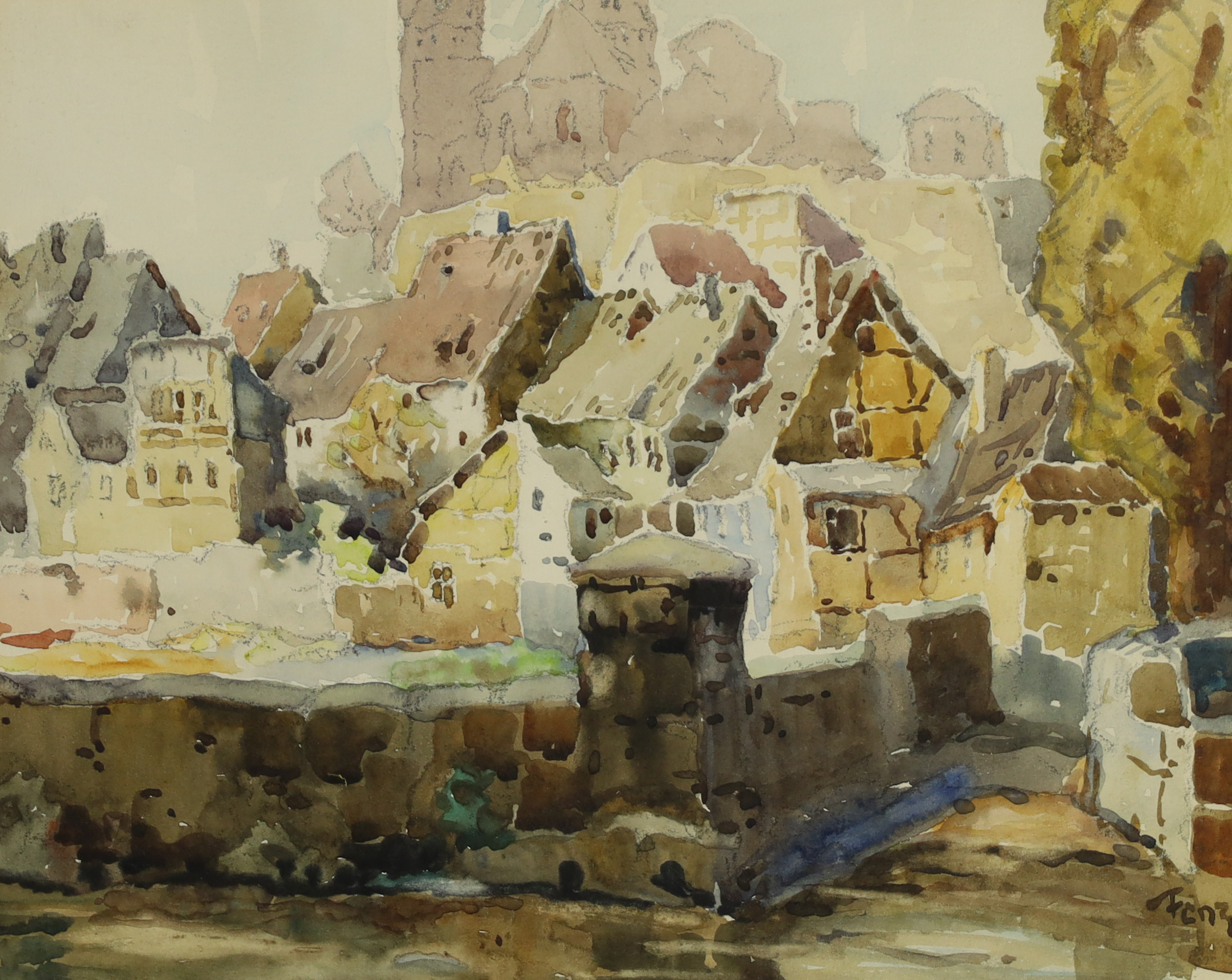 European School,  early 20th century -  Cathedral town on a river;  watercolour on paper, indis...