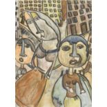 Albert Louden, British b.1943 -   Three Figures in the Street;  pastel on paper, 41.3 x 29.7 cm...