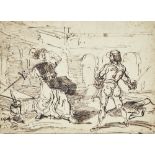 Louis Boulanger,  French 1806-1867-  Two figures in a duel;  pen and black ink on laid paper, s...