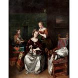 After Caspar Netscher,  Dutch 1639-1684-  An Interior with a young woman at her toilet;  oil on...