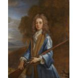 John Closterman,  German / English 1660-1711-  Portrait of a young man, standing half-length in ...