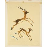 Erna Pinner,  German 1890-1987, Antelopes, c.1935; linocut in colours on wove,  signed in penci...