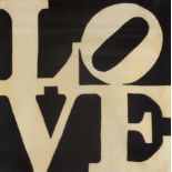 Robert Indiana, American 1928-2018, Chosen Love, 1995; hand tufted wool rug in cream and black,...