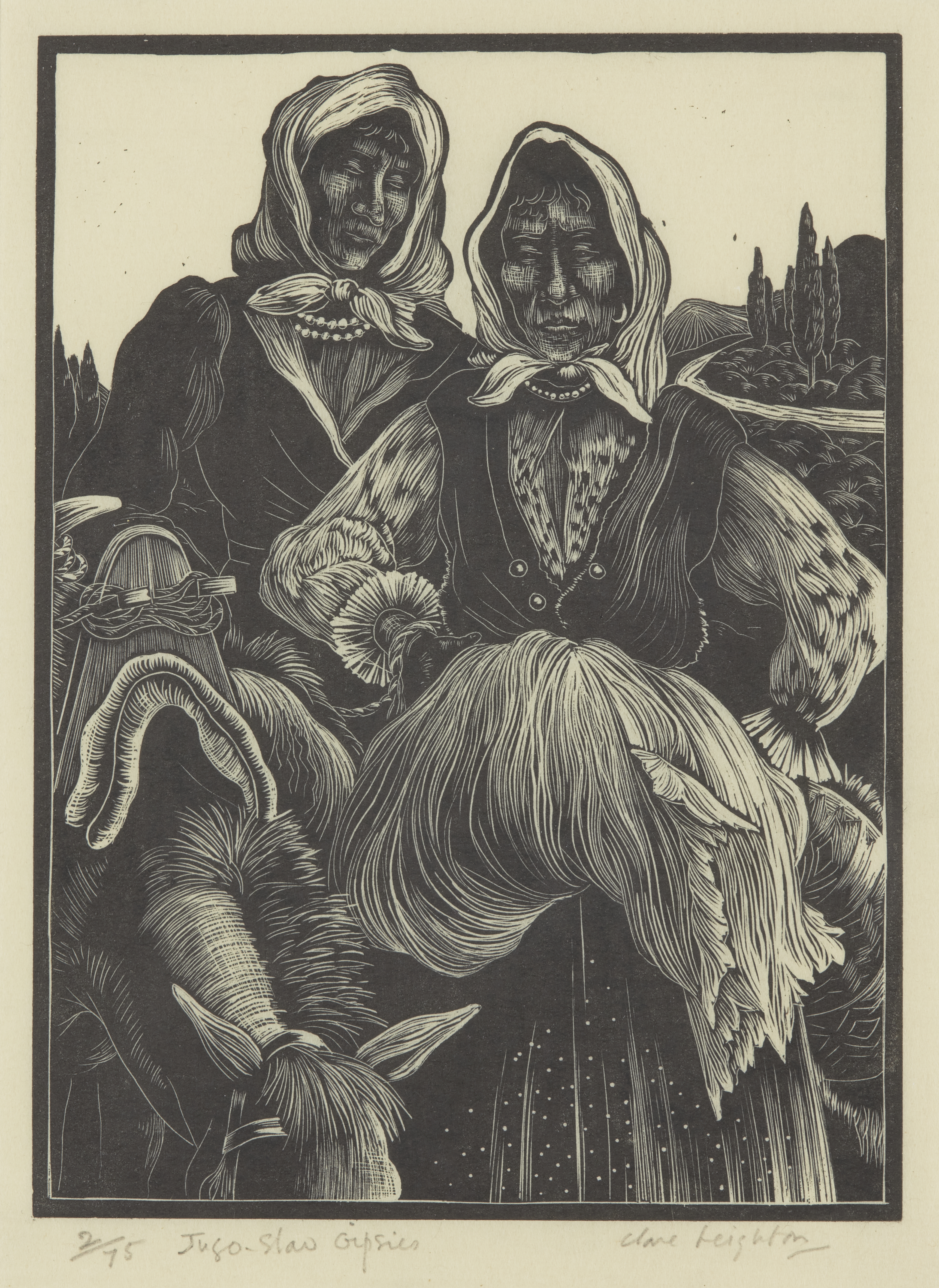 Clare Leighton, British 1898-1989, Jugoslav Gypsies; woodcut on wove, signed, titled, and num...