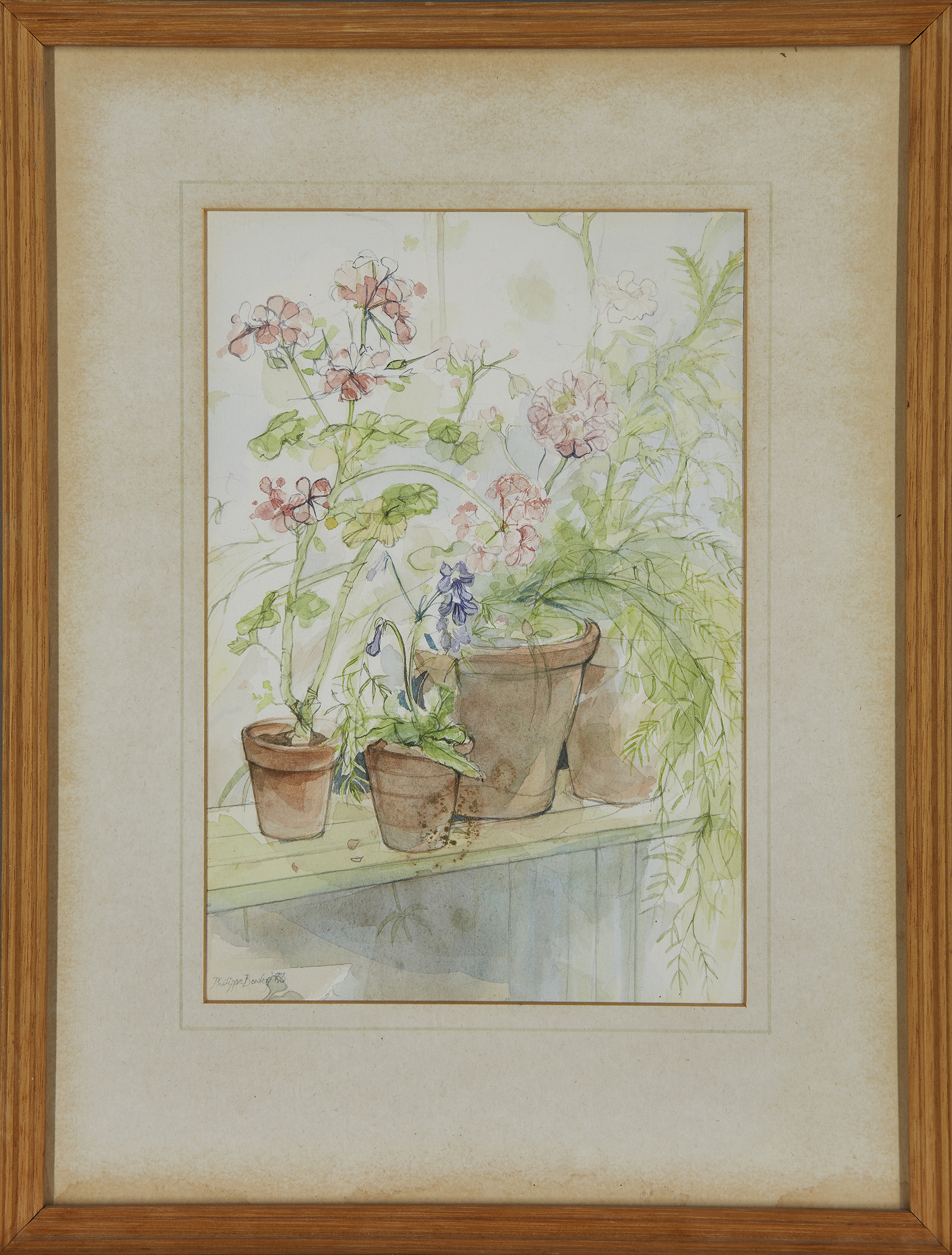 Philippa Bowley,  British active c.1983 -  Pink Geraniums, 1983;  watercolour on paper, signed ... - Image 2 of 3