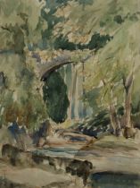 Tom Waghorn,  British 1900-1959 -  Bridge;  watercolour and pen on paper, signed with monogram ...