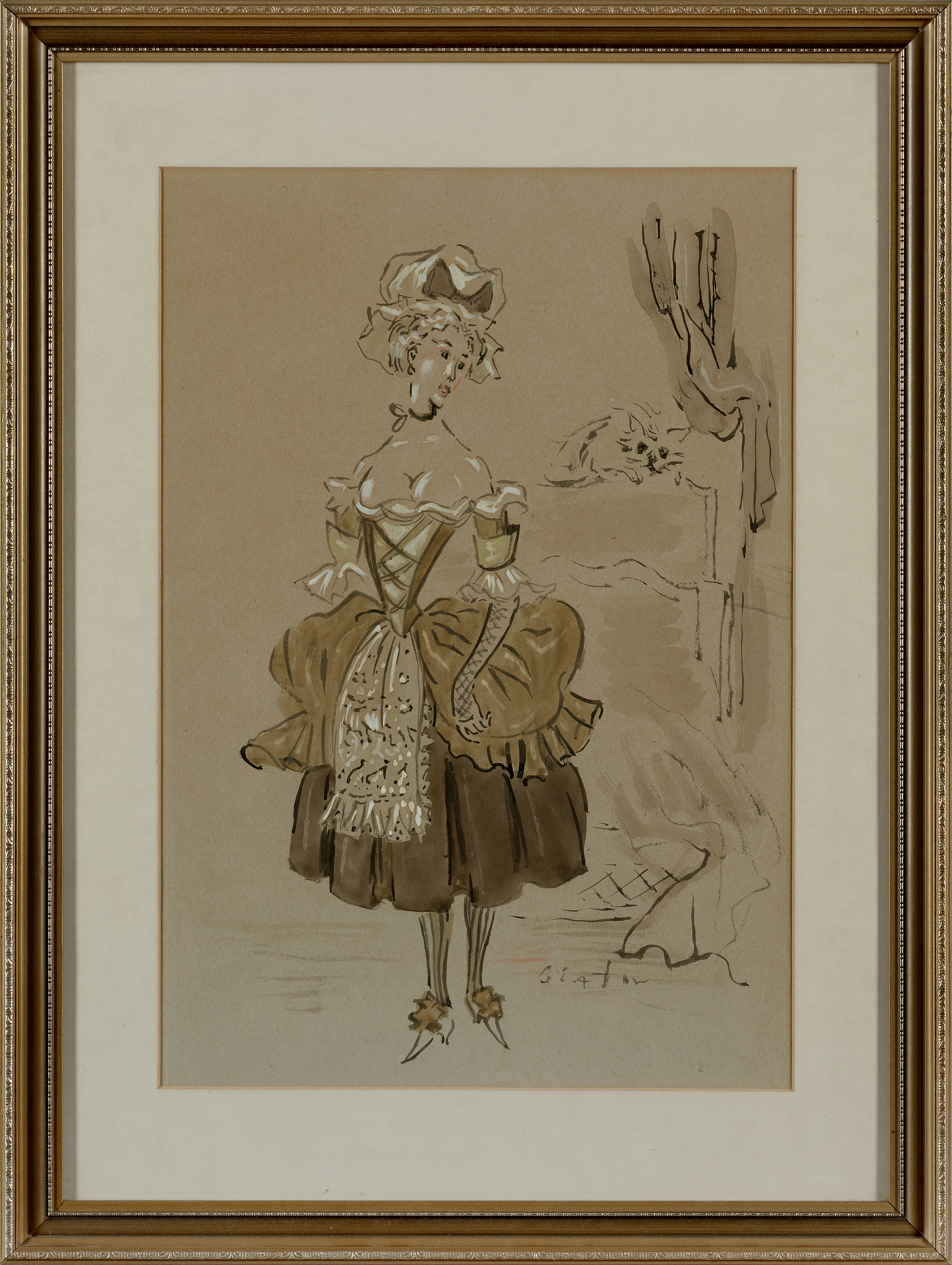 Sir Cecil Beaton CBE,  British 1904-1980 -  Costume design with cat;  watercolour on paper, sig... - Image 2 of 3