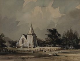 Rowland Hilder OBE,  British 1905 - 1993 -  Study for Church in the Meadow;  watercolour and go...