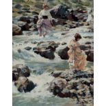Dianne Flynn,  British b.1939 -  Ladies wading in a river;  oil on canvas, 75 x 60 cm (ARR)