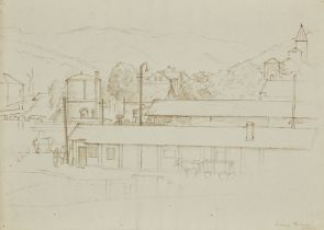 Percy Horton,  British 1897-1970 -  Lonica Railway Station;  ink and chalk on paper, titled low...