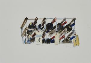 Chloë Cheese,  British b.1952 -  Wine rack with rioja;  watercolour on paper, signed lower righ...