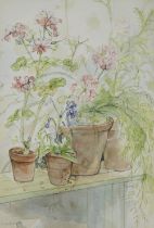 Philippa Bowley,  British active c.1983 -  Pink Geraniums, 1983;  watercolour on paper, signed ...