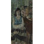 British Kitchen Sink school -  Seated woman, c.1950s;  oil on board, 122 x 61 cm  Note: board ...