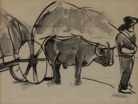 Josef Herman RA,  Polish/British 1921-2000 -  Man with mule and cart;  pen and ink on paper, 16...