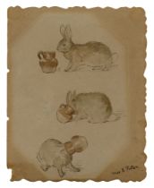 Attributed to Beatrix Potter,  British 1866-1943 -  Page from an autograph book; bunny rabbit wi...