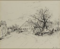 Bernard Gantner,  French 1928-2018 -  Country lane with houses, 1978;  graphite on paper, signe...