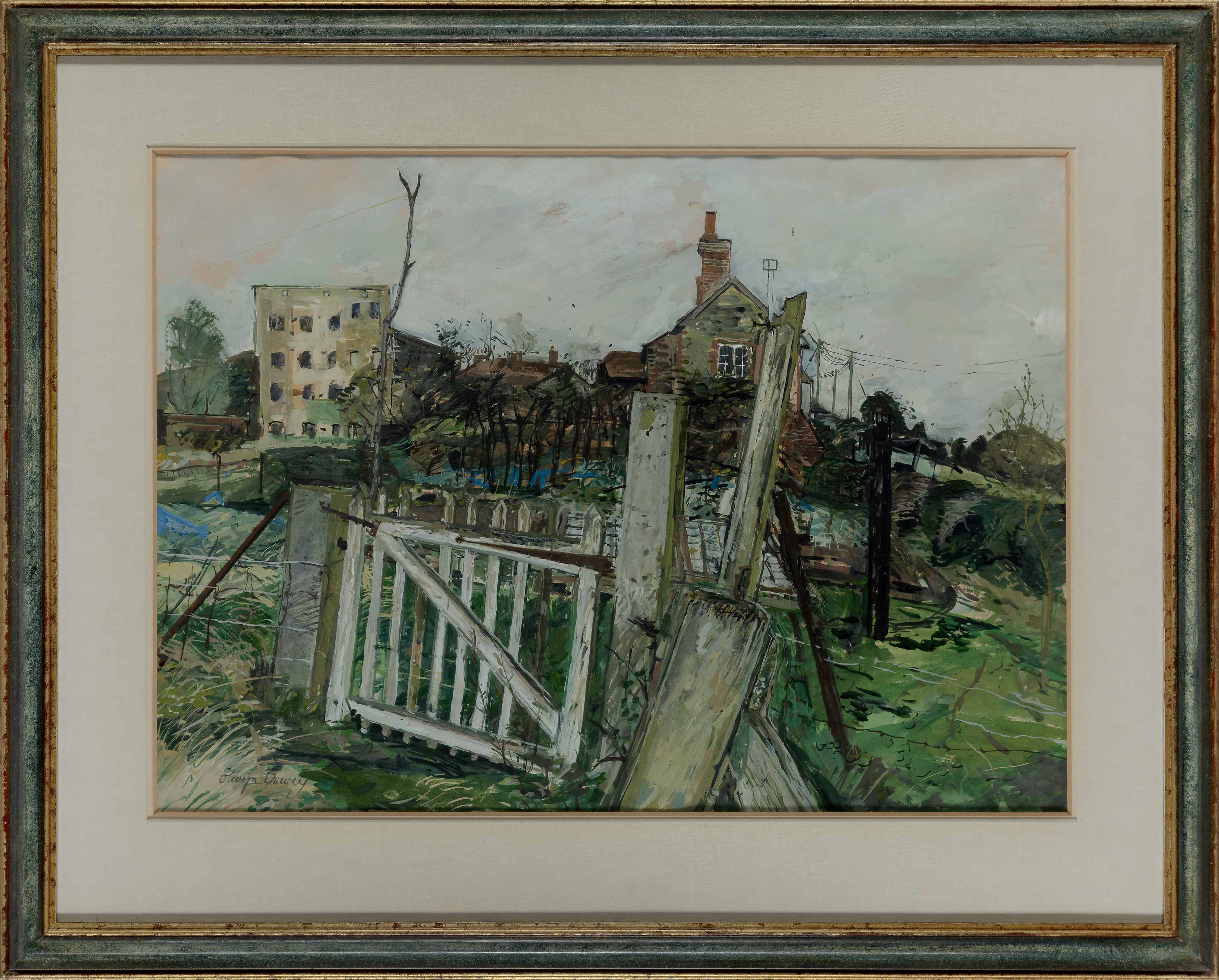 Olwyn Bowey RA,  British b.1936 -  Landscape with gate to houses;  gouache on paper, signed low... - Image 2 of 3