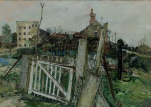 Olwyn Bowey RA,  British b.1936 -  Landscape with gate to houses;  gouache on paper, signed low...