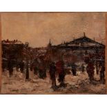 George Hendrik Breitner,  Dutch 1857-1923 -  Nieuwmarkt, Amsterdam;  oil on canvas, signed lowe...