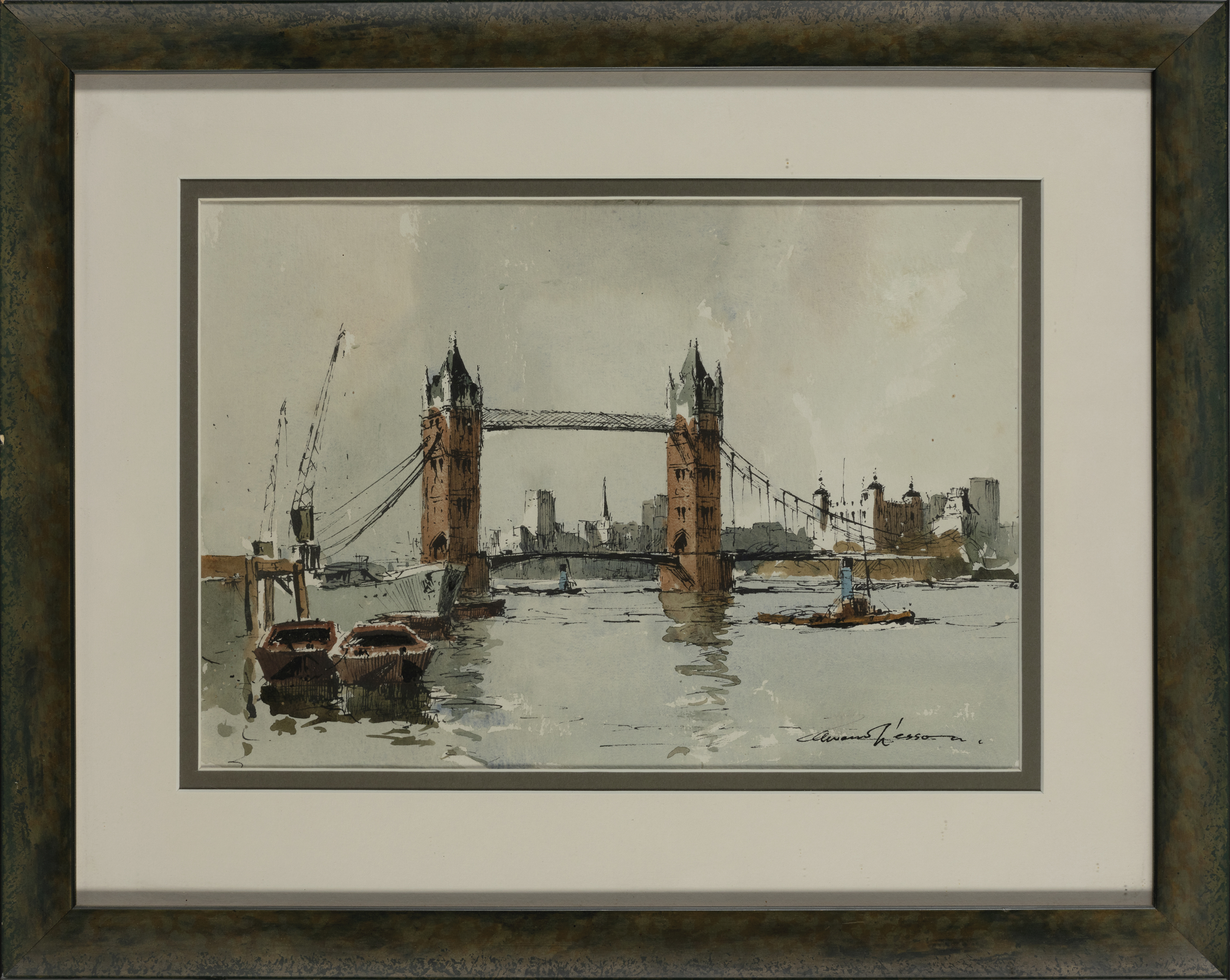 Edward Wesson,  British 1910-1983 -  Tower Bridge;  watercolour and ink on paper, signed lower ... - Image 2 of 3