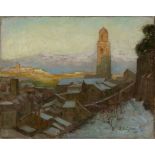 Alfred John Billinghurst,  British 1880-1963 -  Alpine Town under Snow;  oil on canvas, signed ...