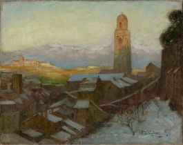 Alfred John Billinghurst,  British 1880-1963 -  Alpine Town under Snow;  oil on canvas, signed ...