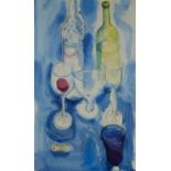 Chloë Cheese,  British b.1952 -  Wine glasses and bottles, 2002;  acrylic on canvas, signed and...