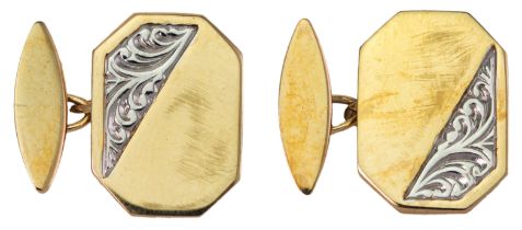 A pair of 9ct gold cufflinks, composed of rectangular cut-cornered plaques to torpedo shaped back...