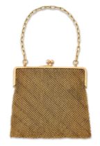 A 9ct gold mesh link evening bag, with 9ct gold cable link carrying chain and a snap clasp, the m...