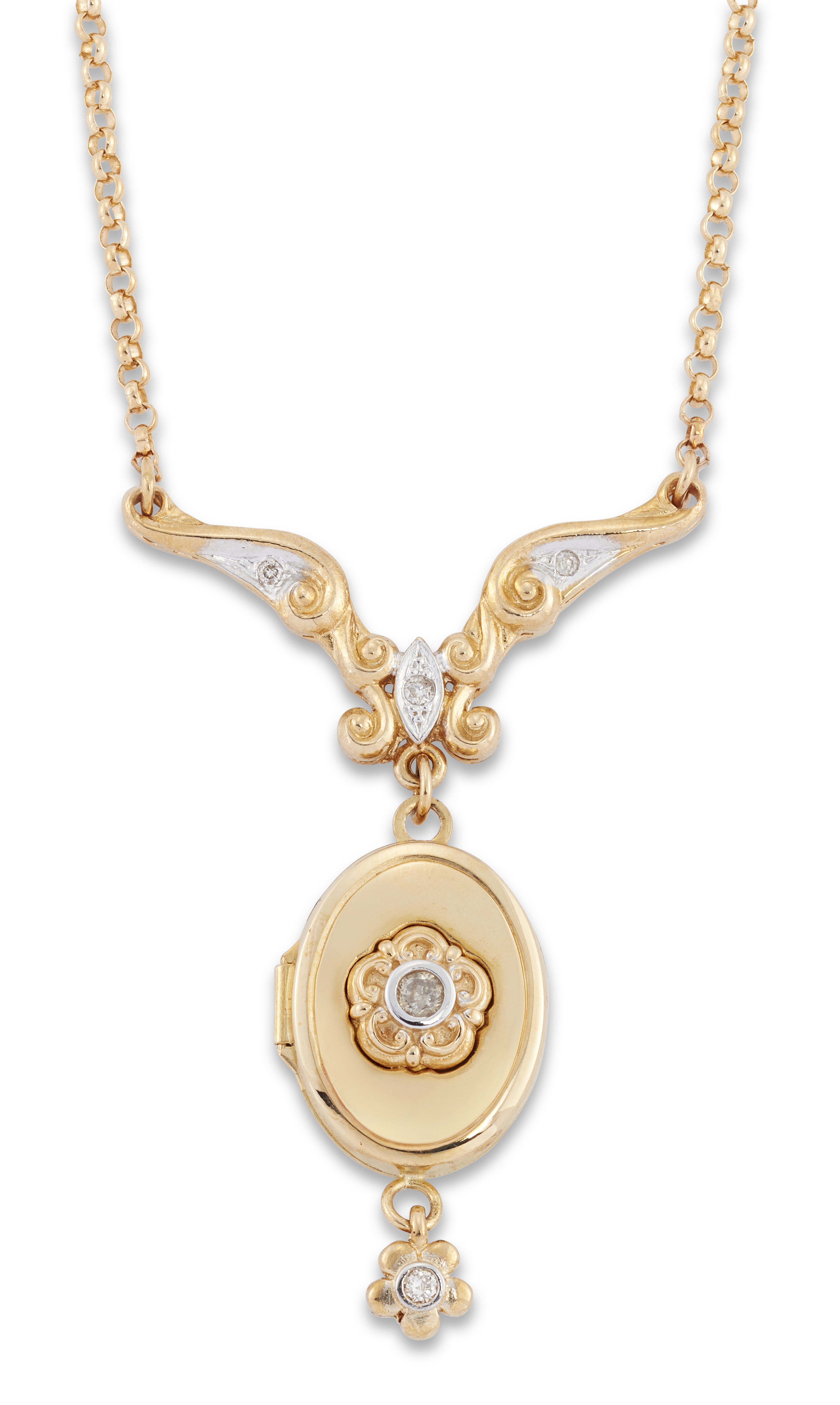 A 14ct gold diamond set locket, by Royal Doulton, limited edition 'Sophie' pattern, suspended on ...