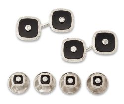 Deakin & Francis. An 18ct white gold diamond and onyx dress set, comprising: a pair of cufflinks,...