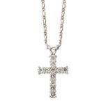 A diamond set cross pendant, composed of eleven brilliant-cut diamonds claw set to form the cross...