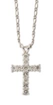 A diamond set cross pendant, composed of eleven brilliant-cut diamonds claw set to form the cross...