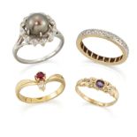 A group of four rings, comprising: a cultured pearl and diamond cluster ring, with a grey/brown c...