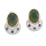 A pair of nephrite, sapphire and diamond earrings, each with an oval nephrite cabochon, collet se...