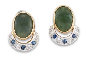 A pair of nephrite, sapphire and diamond earrings, each with an oval nephrite cabochon, collet se...
