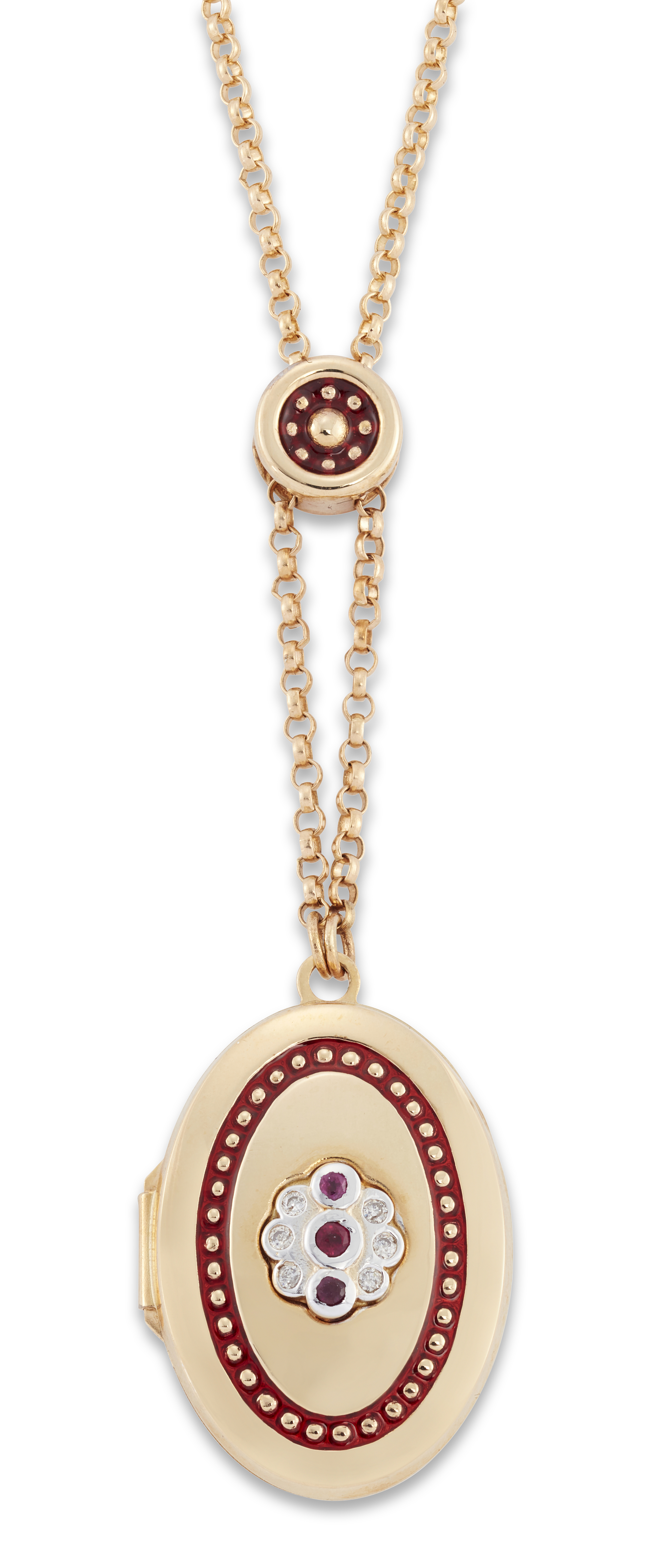 A 14ct gold ruby and diamond set locket, by Royal Doulton, limited edition 'Beatrice' pattern, su...