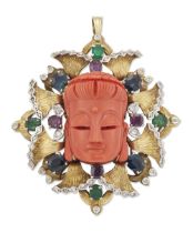 A diamond and gem-set Buddha pendant, a carved coral Buddha head to pierced surround with texture...