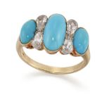 A turquoise and diamond ring, designed as a row of graduated oval turquoise cabochons, with pairs...