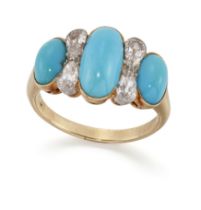 A turquoise and diamond ring, designed as a row of graduated oval turquoise cabochons, with pairs...