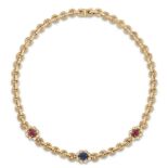 A sapphire, ruby and diamond necklace, a cabochon sapphire and brilliant-cut diamond cluster and ...