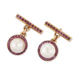 A pair of mabé pearl and ruby cufflinks, circular panels with a mabé pearl and ruby cluster, to o...