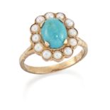 A turquoise and half-pearl cluster ring, the oval cabochon turquoise to surround of half-pearls, ...
