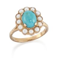 A turquoise and half-pearl cluster ring, the oval cabochon turquoise to surround of half-pearls, ...