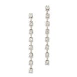 A pair of diamond drop earrings, a series of brilliant-cut diamonds with articulated bars between...