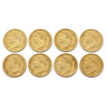 France, eight Napoleon I gold 20 Francs coins, consecutive years dated 1807-1814 (8)