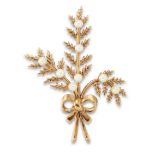 A 9ct gold seed pearl spray brooch, the spray gathered to a bow motif, with pin and roller catch,...