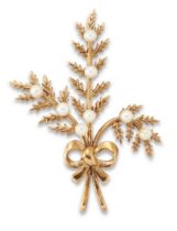 A 9ct gold seed pearl spray brooch, the spray gathered to a bow motif, with pin and roller catch,...